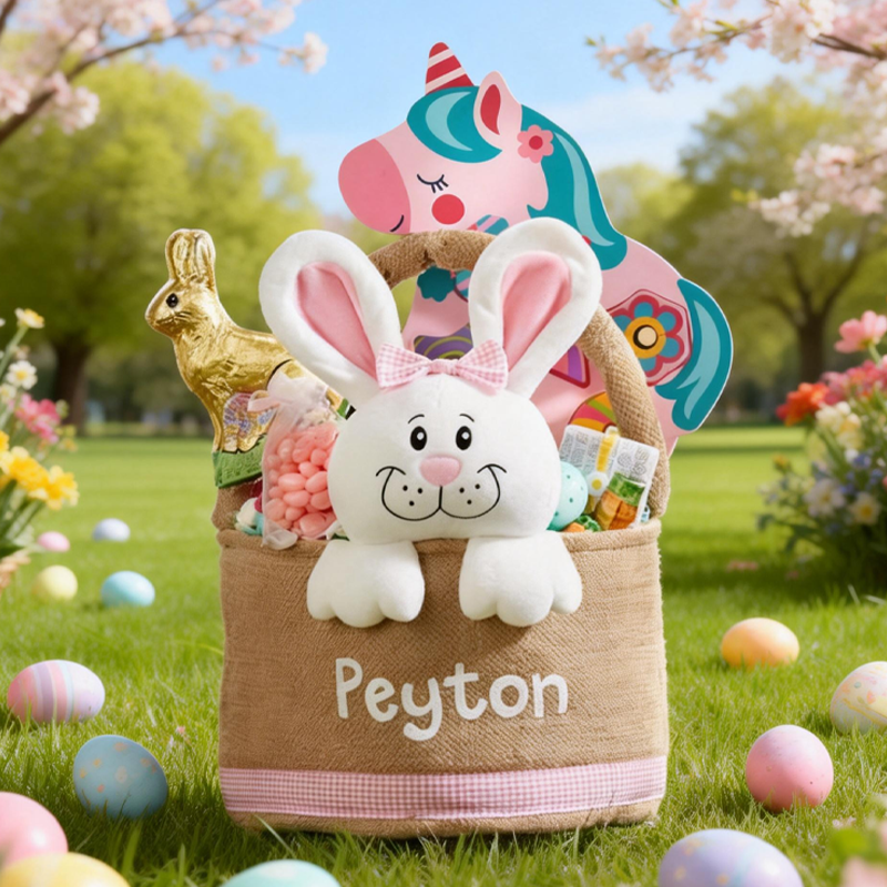 Personalized Name Plush Bunnies Easter Basket with Name Easter Treat Bag Easter Party Favor Easter Gift for Kids Boys Girls
