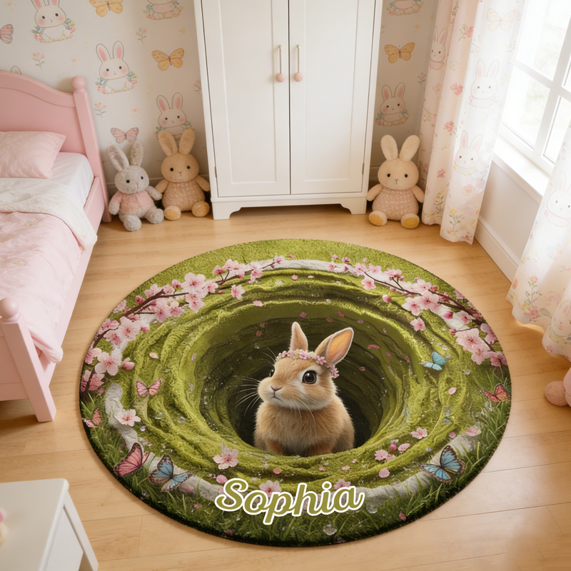 Personalized Bunny Hole Garden Theme Name Mat 3D Rabbit Meadow Spring Nursery Playroom Carpet Rug for Kids