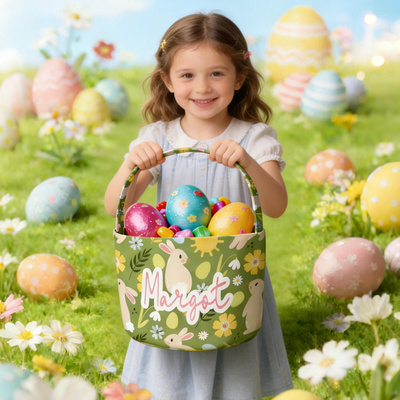 Personalized Bunnies Easter Basket with Name Easter Treat Bag Easter Party Favor Easter Gift for Kids 