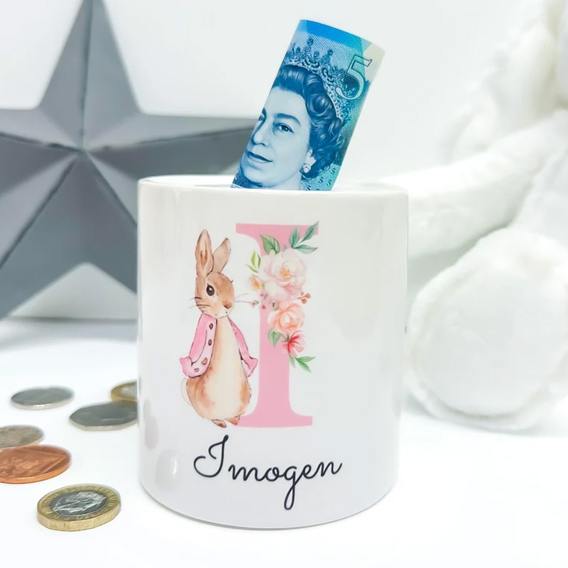 Personalized Bunny Initial Name Floral Letter Baby Gift Ceramic Money Box Nursery Keepsake Piggy Bank