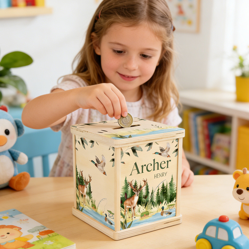 Personalized Woodland Forest Animal Theme Name Wooden Money Box Nature Nursery Gift Keepsake Piggy Bank