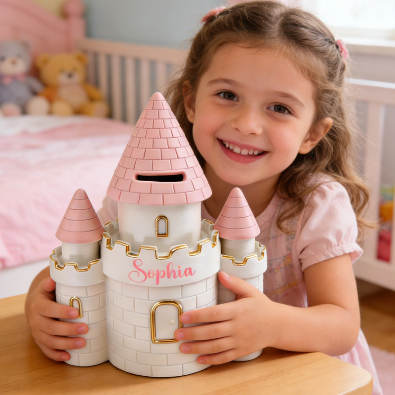 Personalized Princess Castle Theme Name Pink Tower Fairy Tale Kids Room Decor Money Box Gift 3D Printing Piggy Bank