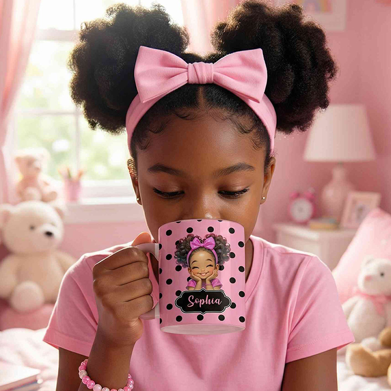 Personalized Polka Dot Theme Name Cute Girl Character Art Custom Coffee Tea Cup Gift Mug