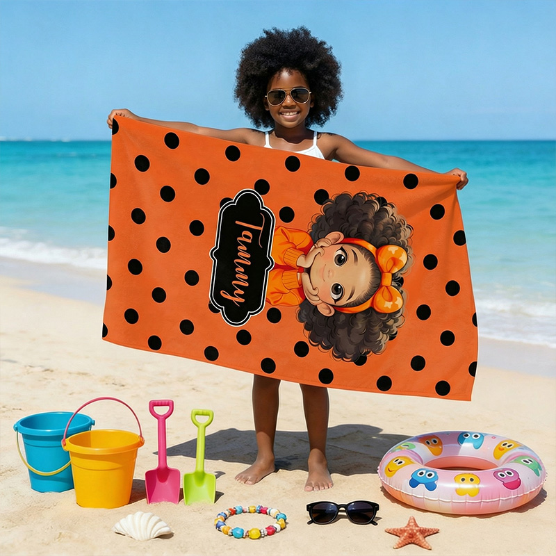 Personalized Colorful Polka Dot Theme Name Cute Girl Character Art Summer Swim Pool Accessory Gift Beach Towel