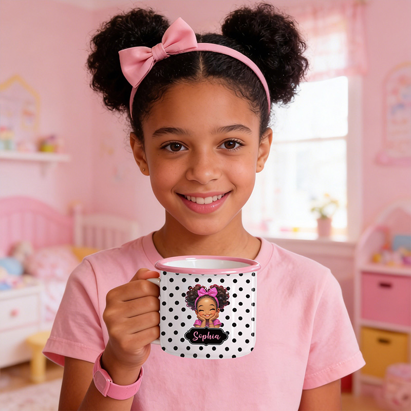 Personalized Polka Dot Theme Name Cute Girl Character Art Color Rim Coffee Tea Cup Gift Collection Enamel Mug