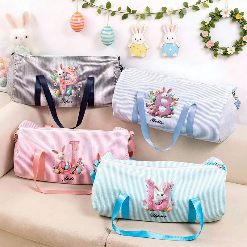 Personalized Pink Bunny Initial Easter Egg Striped Canvas Large Capacity Travel Bag with Name and Shoulder Strap Easter Birthday Gift for Kids