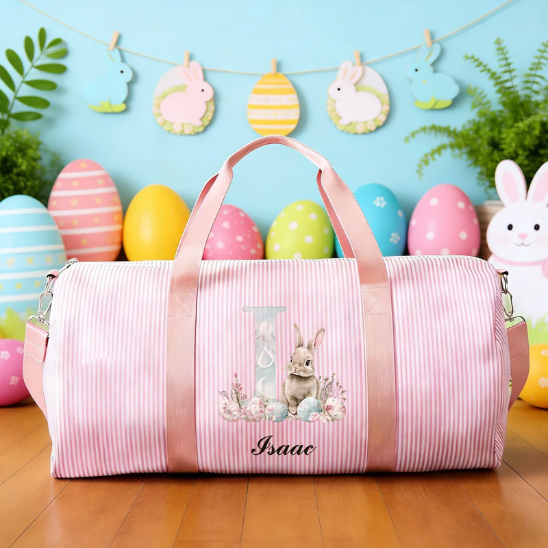 Personalized Cute Easter Rabbit Egg Striped Canvas Large Capacity Travel Bag with Name and Shoulder Strap Easter Gift for Kids Teenagers