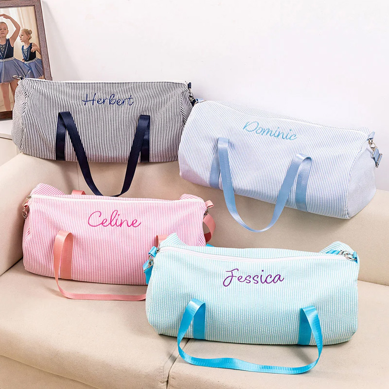 Personalized Embroidery Name Striped Large Seersucker Dance Duffle Bag with Shoulder Strap Back to School Birthday Gift for Girls