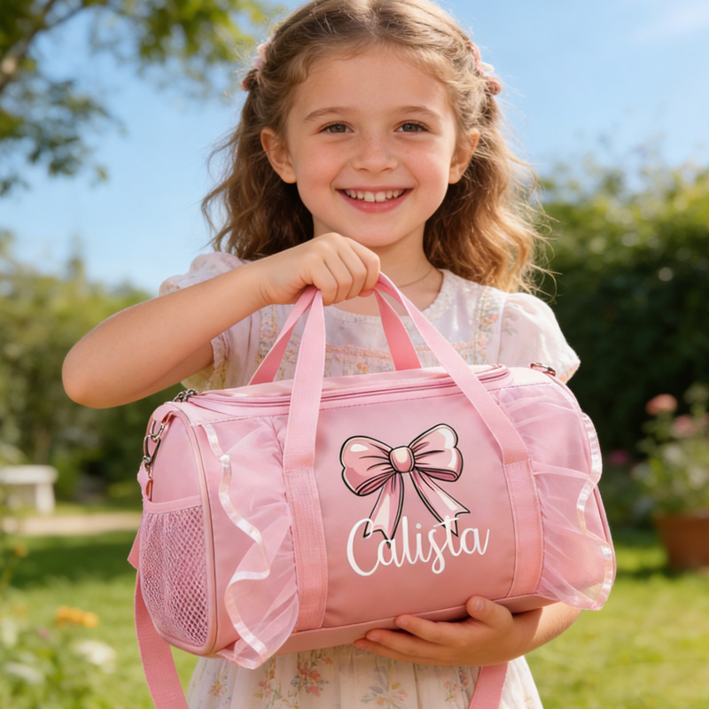 Personalized Pink Bow Theme Name Lace Trim Cute Girl Travel Overnight Tote Weekend Carry On Gift Duffle Bag
