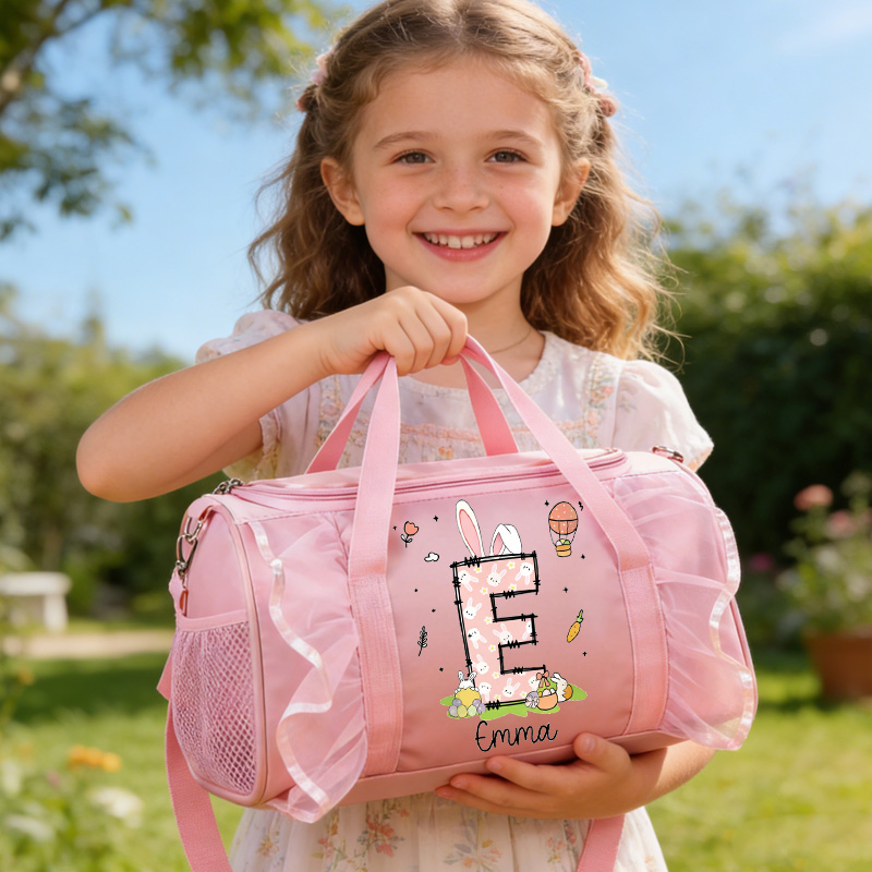 Personalized Alphabet Letter Theme Name Pink Lace Trim Cute Girl Travel Overnight Tote Weekend Carry On Gift Duffle Bag