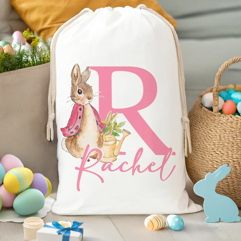 Personalized Cute Easter Bunny Drawstring Gift Bag with Initial and Name Easter Birthday Gift for Kids Family
