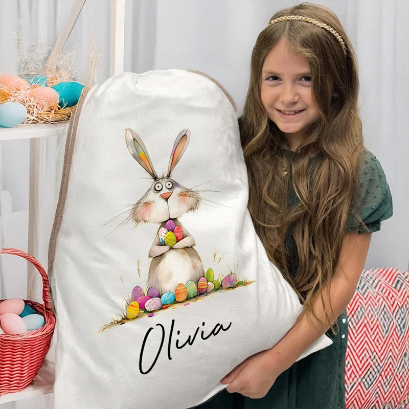 Personalized Quirky Easter Bunny Large Capacity Drawstring Canvas Treat Bag with Name Easter Egg Hunt Holiday Party Favors Gift for Kids Family