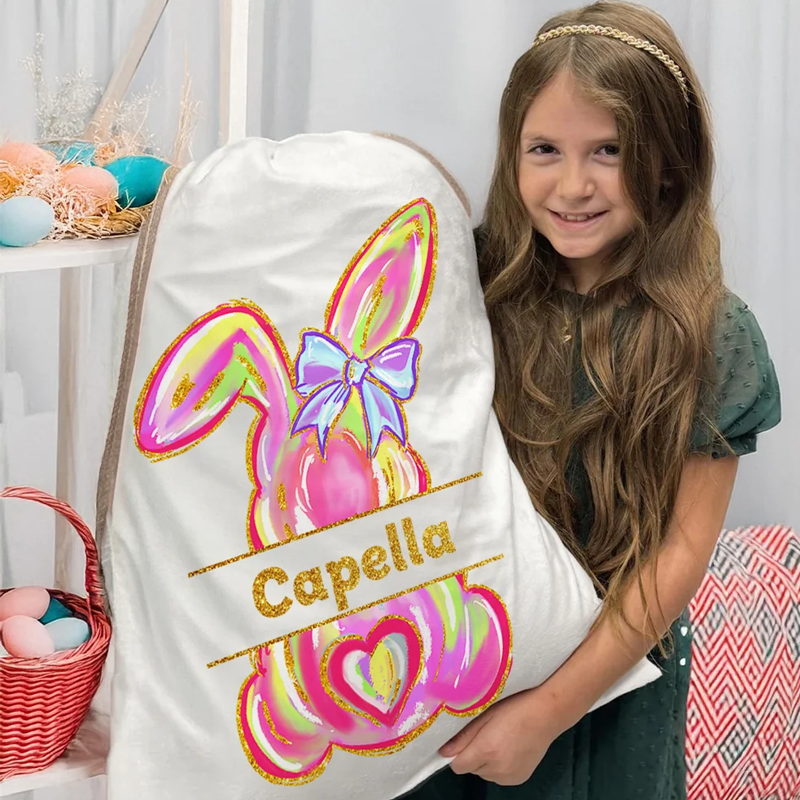 Personalized Cute Easter Bunny Drawstring Gift Bag with Name Easter Party Birthday Gift for Kids Family