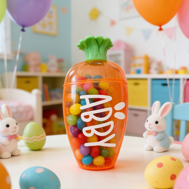 Personalized Easter Bunny Theme Name Colorful Egg Hunt Candy Container Kids Party Favor Gift Carrot Treat Holder