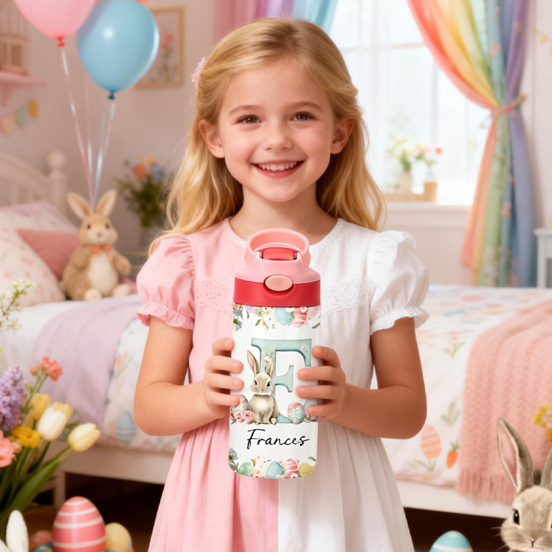 Personalized Cute Easter Bunny Initial 12oz Kid Insulated Name Water Bottle with Handle and Silicone Straw Easter Birthday Gift for Boys Girls