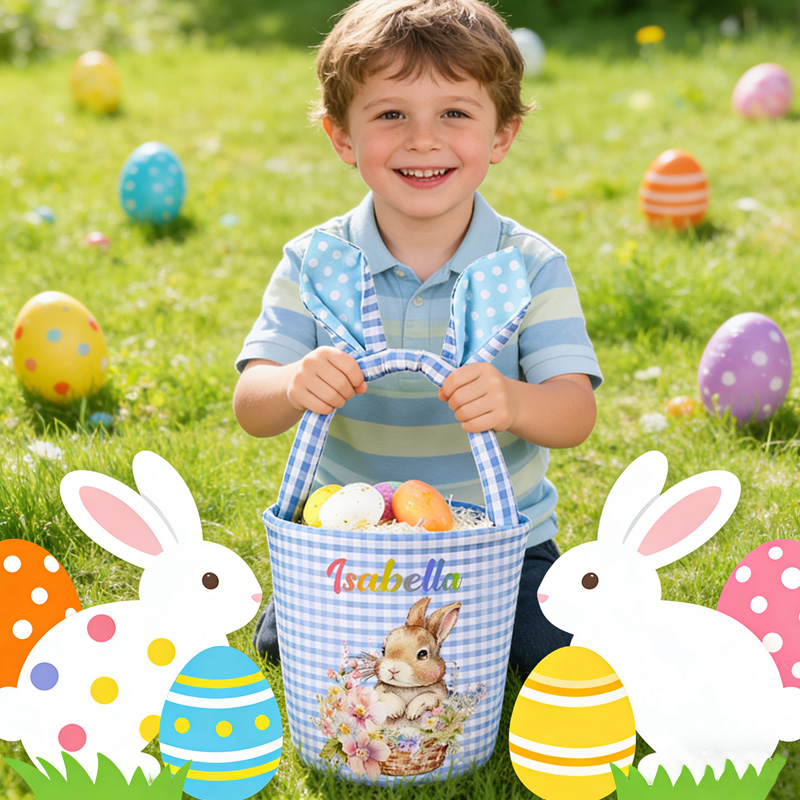 Personalized Easter Bunny Theme Name Gingham Fabric Basket with Ears Kids Egg Hunt Gift Reusable Tote Bag