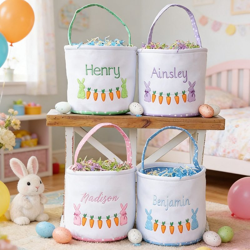 Personalized Easter Bunny Theme Name Embroidered Carrot Pattern Fabric Basket Kids Egg Hunt Gift Storage Tote