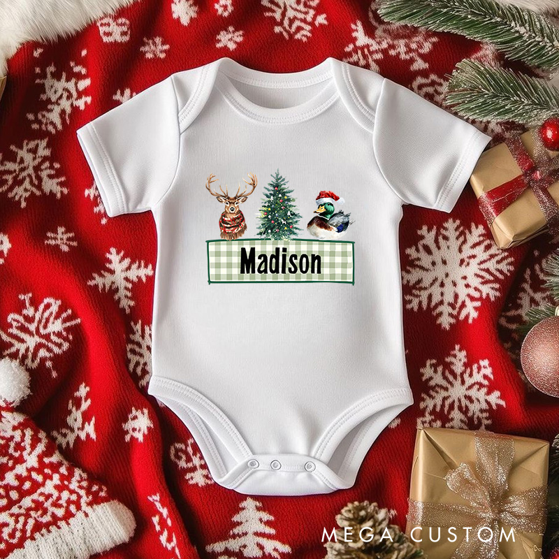 Personalized Holiday Reindeer and Tree Baby Onesie Perfect for Adding Fun to Holiday Family Outfits Baby Onesie