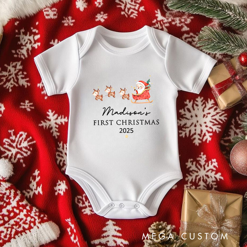 Personalized First Christmas Santa and Reindeer Baby Onesie Perfect for Cherishing a Baby’s Holiday Season Baby Onesie