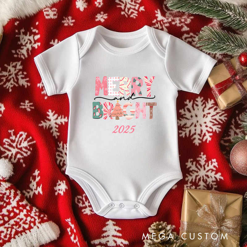Personalized Merry and Bright Baby Onesie Perfect for a Colorful and Festive Holiday Outfit Baby Onesie
