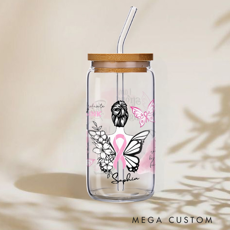Personalized Breast Cancer Awareness Pink Ribbon Design Glass for Fighters and Survivors Inspirational Glasse Cup