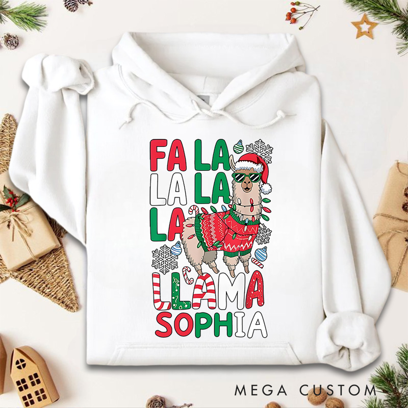 Personalized Fa La La Llama with Santa Hat and Scarf Christmas Hoodies