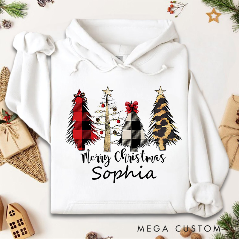 Personalized Plaid and Animal Print Christmas Trees with Bow Christmas Hoodies