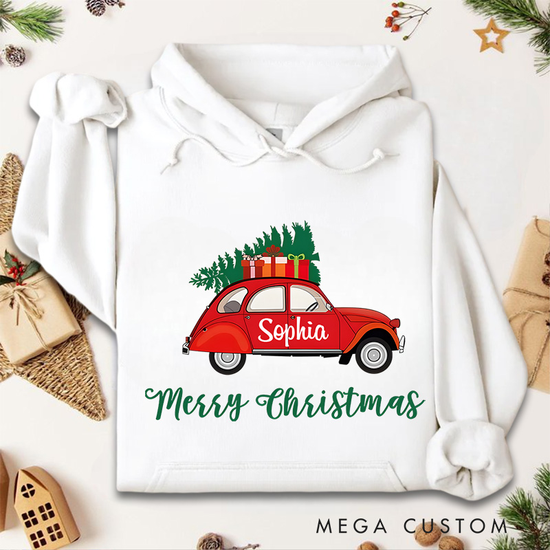 Personalized Red Car Carrying Christmas Tree with Merry Christmas Text Christmas Hoodies
