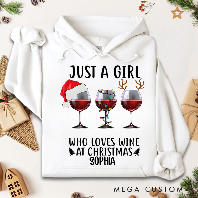 Personalized Just a Girl Who Loves Wine with Santa Hats and Glasses Christmas Hoodies