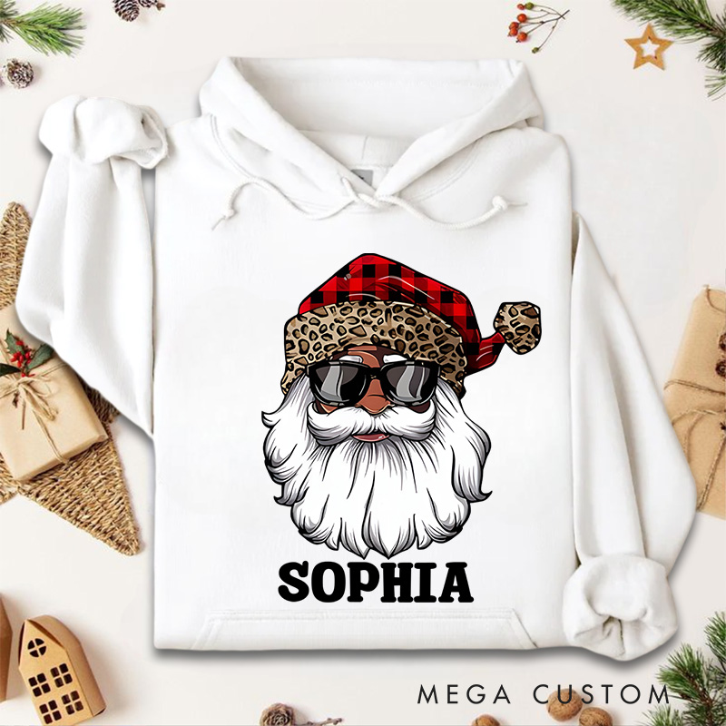 Personalized Santa with Plaid and Leopard Print Hat Christmas Hoodies