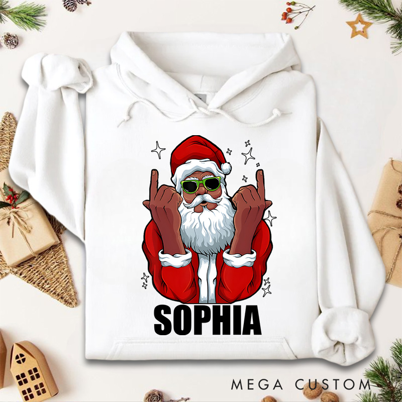 Personalized Cool Santa with Sunglasses and Rock Hand Gesture Christmas Hoodies