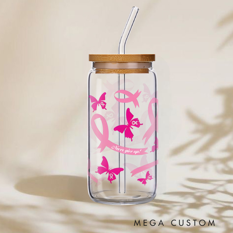 Personalized Pink Ribbon and Butterfly Pattern Engraved Glass for Breast Cancer Awareness Support Glasse Cup
