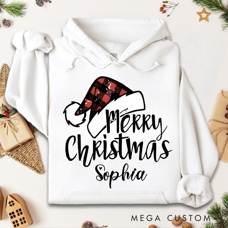 Personalized Merry Christmas with Buffalo Plaid Santa Hat Christmas Hoodies