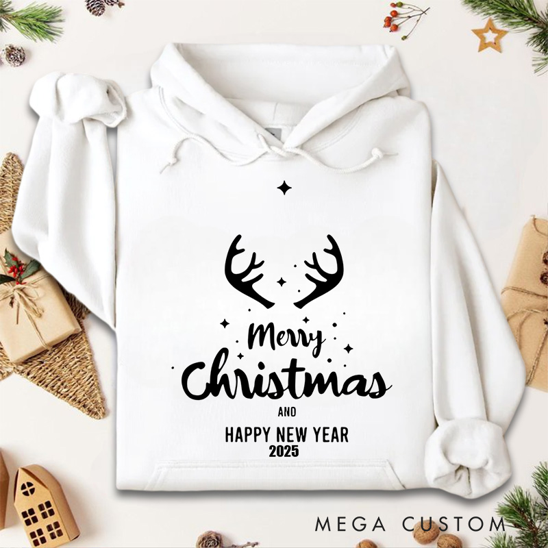 Personalized Merry Christmas and Happy New Year with Reindeer Antlers Christmas Hoodies