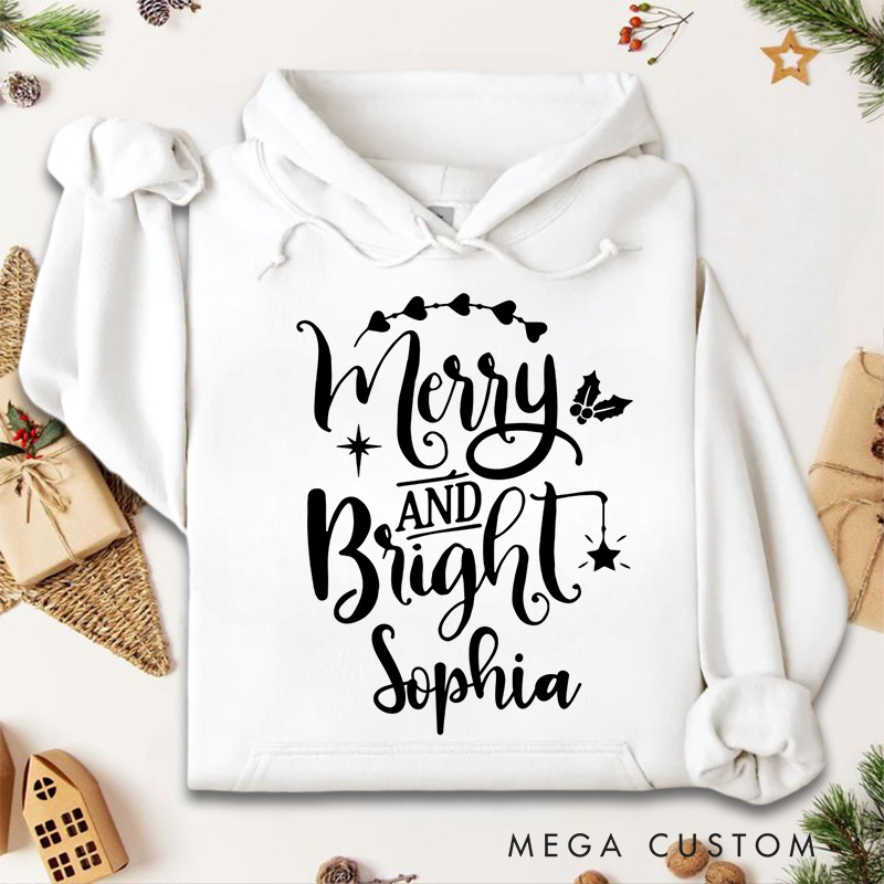 Personalized Merry and Bright with Holly and Festive Accents Christmas Hoodies