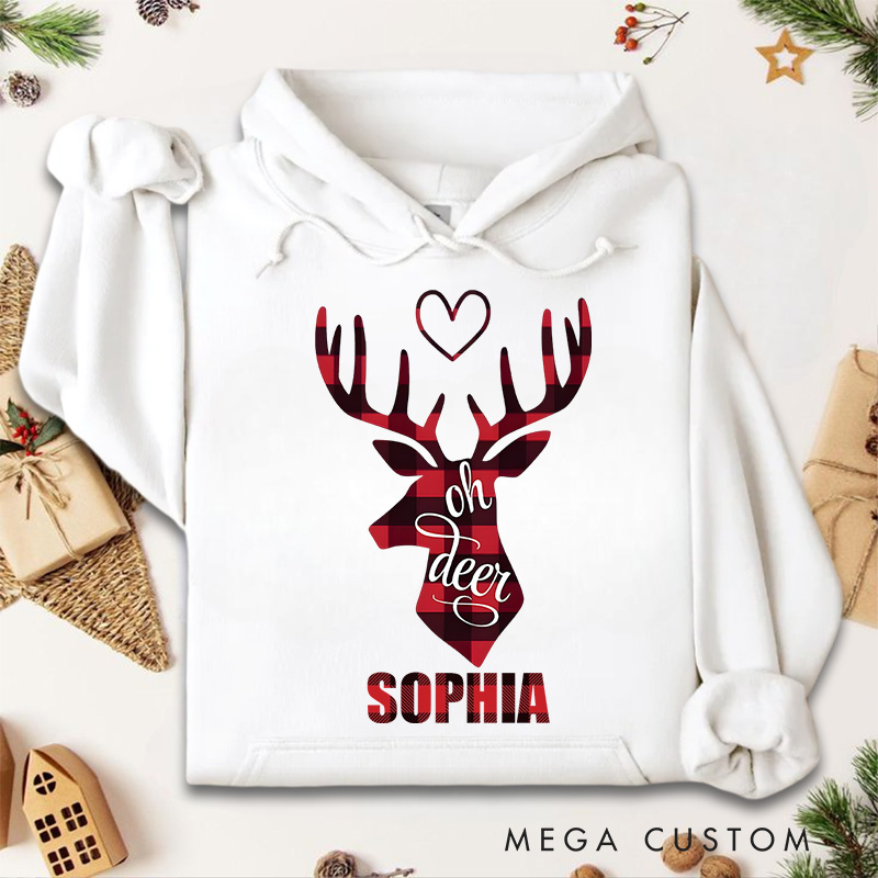 Personalized Oh Deer with Red Reindeer and Heart Christmas Hoodies
