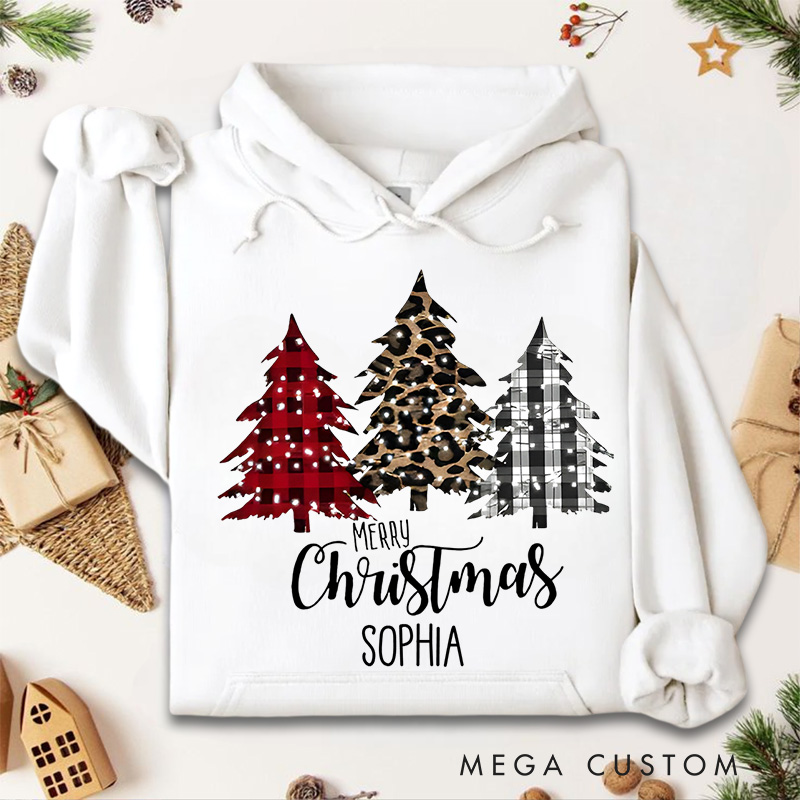 Personalized Red Plaid and Animal Print Christmas Trees Christmas Hoodies