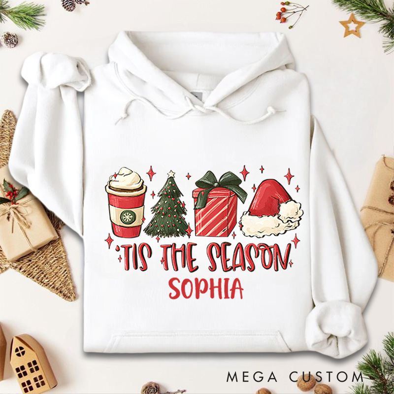 Personalized Tis the Season with Coffee and Holiday Gifts Christmas Hoodies