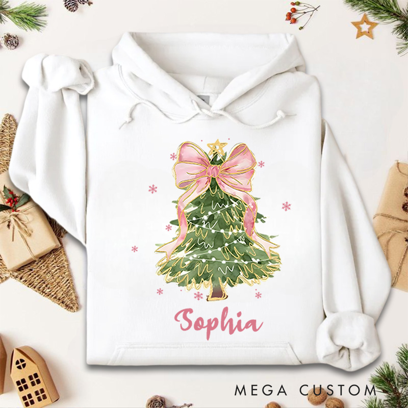 Personalized Christmas Tree with Pink Bow and Lights Christmas Hoodies