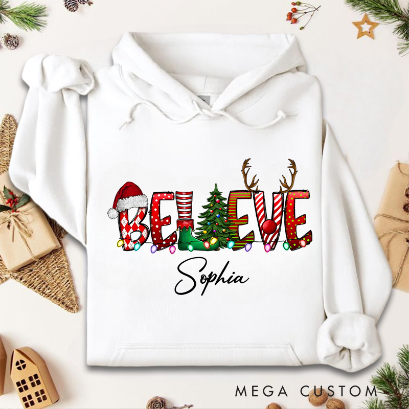 Personalized Believe with Holiday Icons and Reindeer Antlers Christmas Hoodies