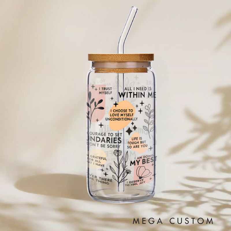 Personalized Manifest Daily Mantra Floral Engraved Glass for Positive Vibes and Mindfulness Glasse Cup