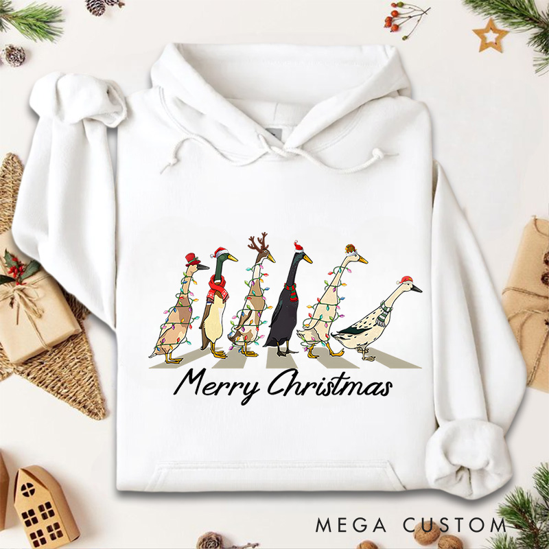 Personalized Geese Walking with Christmas Lights and Hats Christmas Hoodies