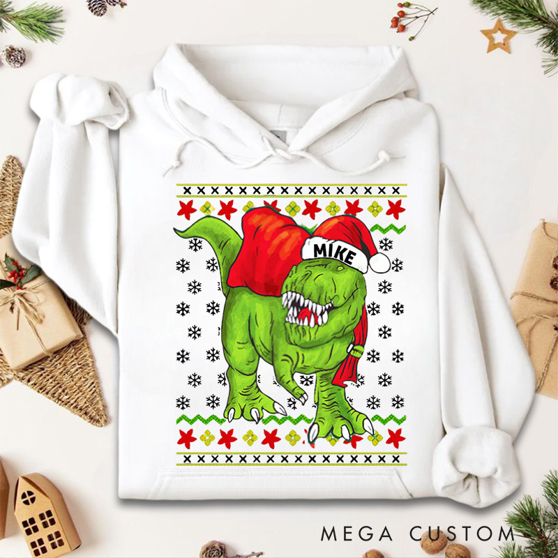 Personalized T Rex Santa Claus Ugly Christmas Sweater Hoodies
