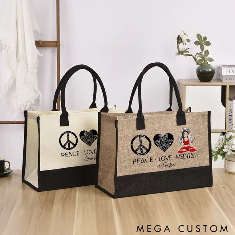 Personalized Yoga Tote Bag with Peace Love Meditate Design Meditation Bag Canvas Tote Bag Perfect for Yoga Lover