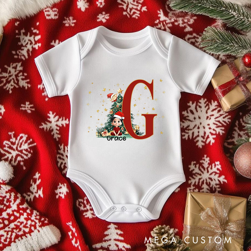 Personalized Cartoon Character Holly Bow Initial Bodysuit with Name Christmas Party Gifts for Baby