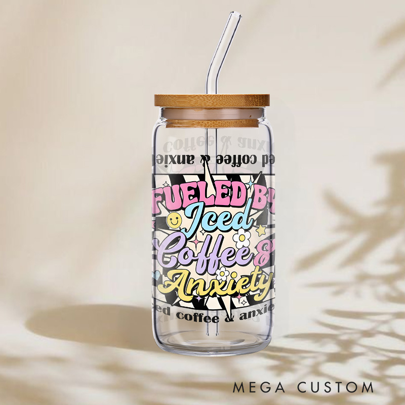 Personalized Fueled by Coffee and Anxiety Colorful Engraved Glass for Humor and Daily Motivation Unique Glasse Cup