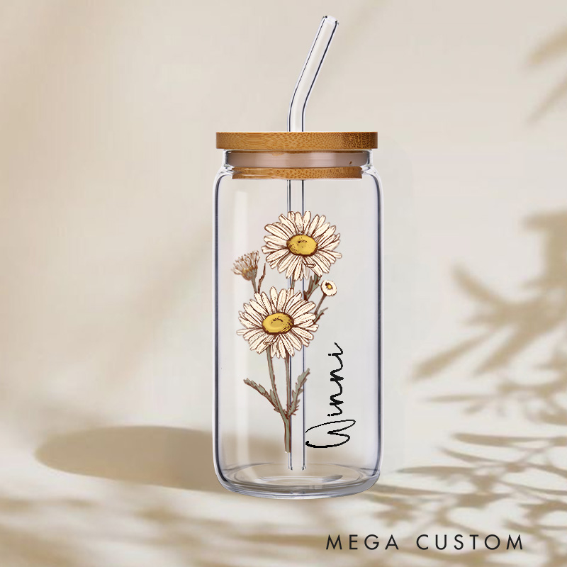 Personalized Birthday Flower Engraved Name Glass for Delicate and Feminine Aesthetic Beautiful Glasse Cup