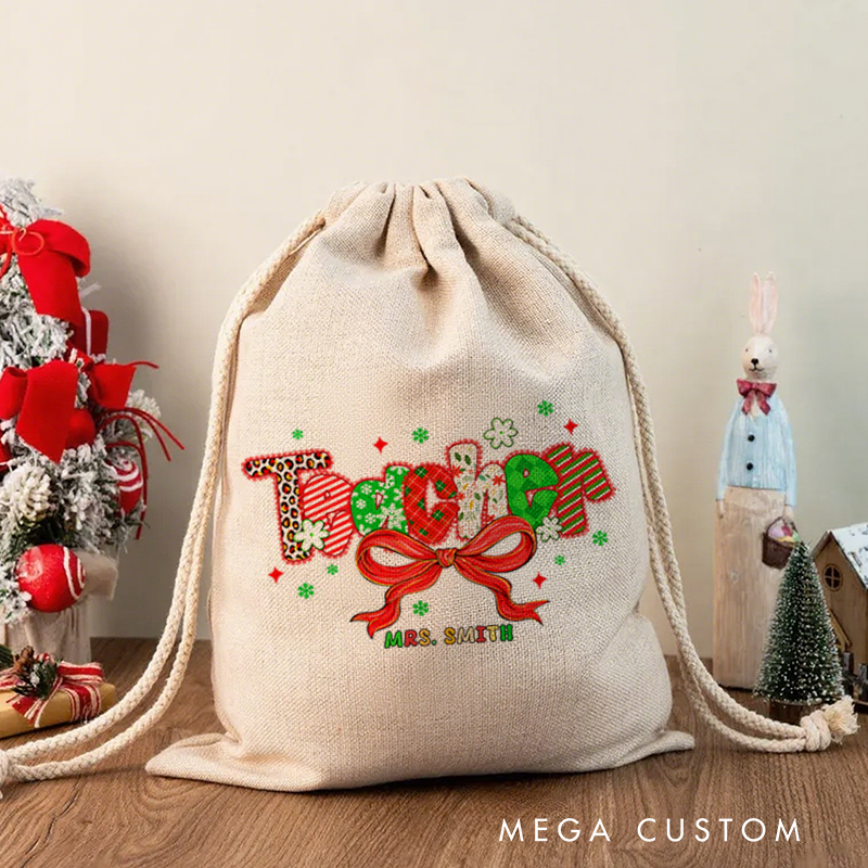 Personalised Christmas Santa Sack for Teachers Custom Teacher Bow Design Sack Christmas Gift