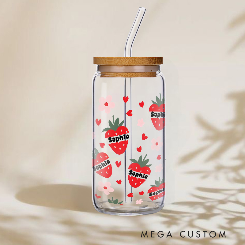 Personalized Strawberry and Flower Pattern Engraved Glass for Cute and Playful Design Adorable Glasse Cup