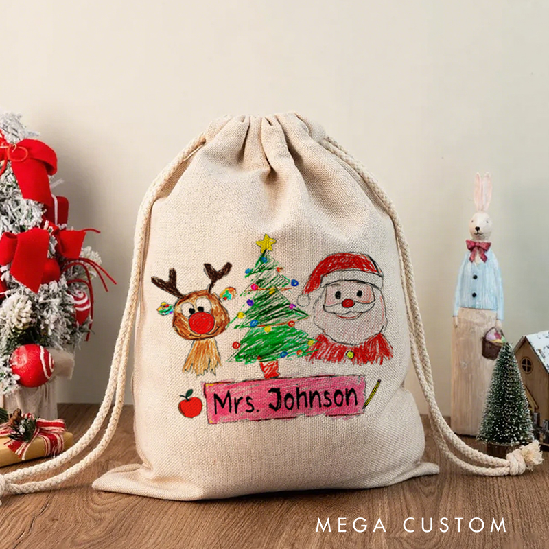 Personalised Christmas Santa Sack for Teachers Custom Cute Rudolph Christmas Tree Santa Claus Design Sack Christmas Gift